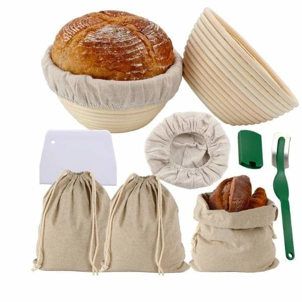 banneton pain professionnel a acheter en lot de deux avec les 4 toiles de lin pour un kit de boulanger profesisonnel