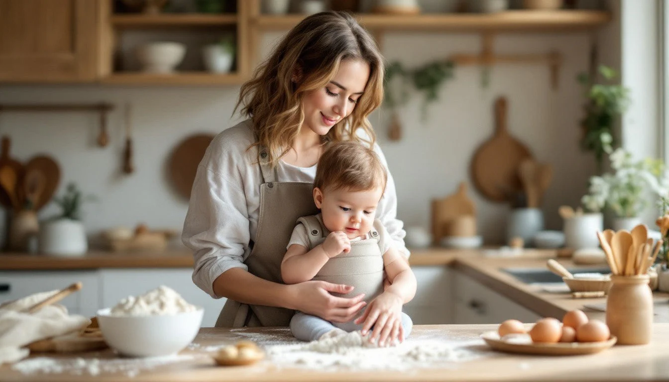 Comment pâtisser avec bébé grâce à la tour Montessori et le porte-bébé